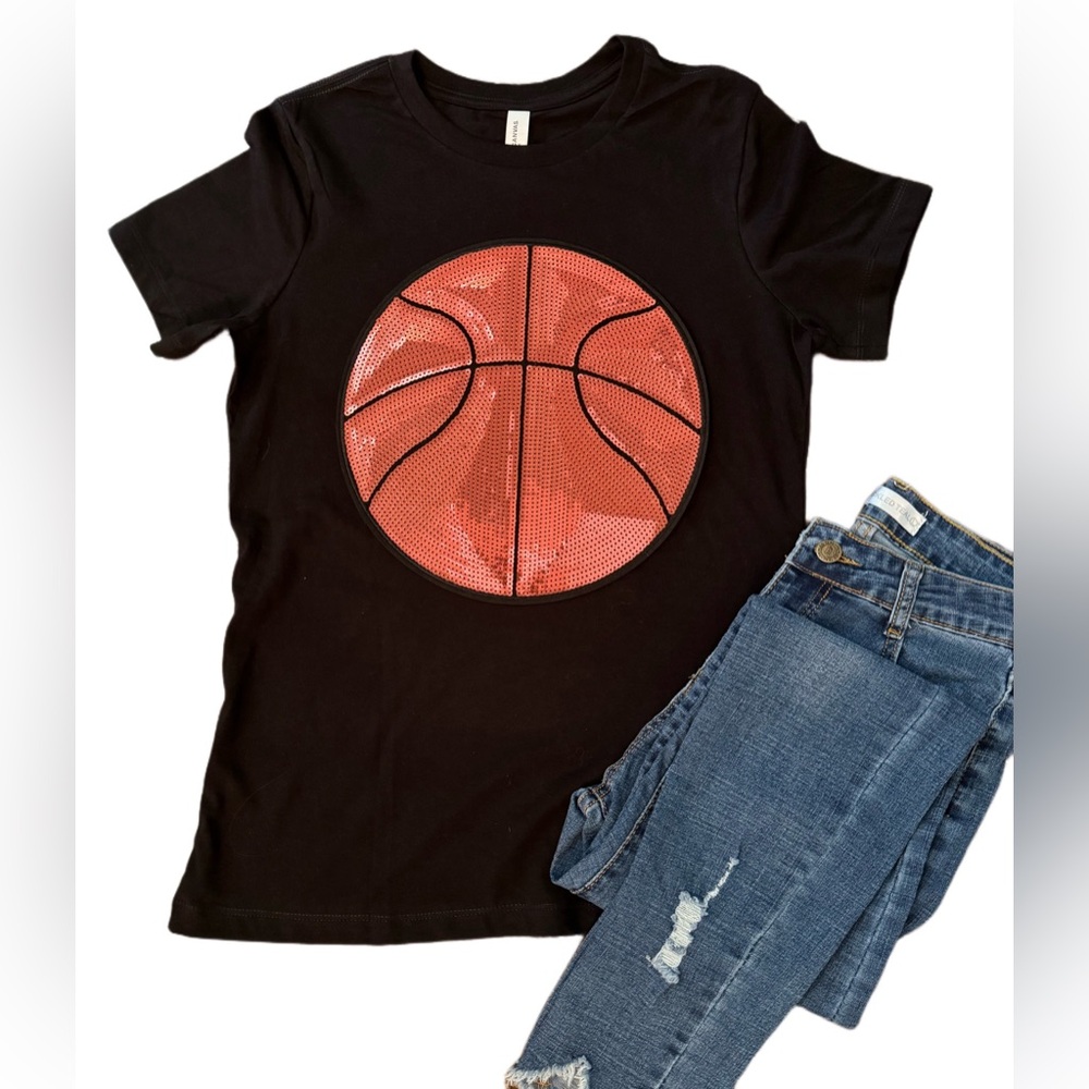 Black Tee with Oversized Sequin Basketball Patch